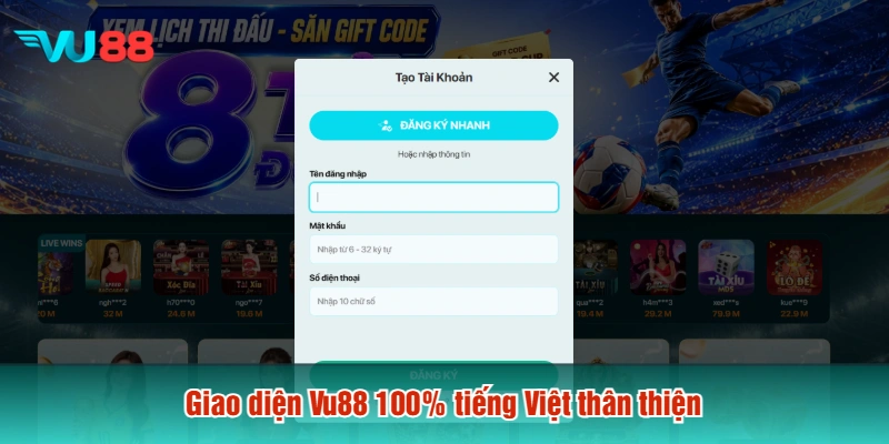 Giao diện Vu88 100%  tiếng Việt thân thiện